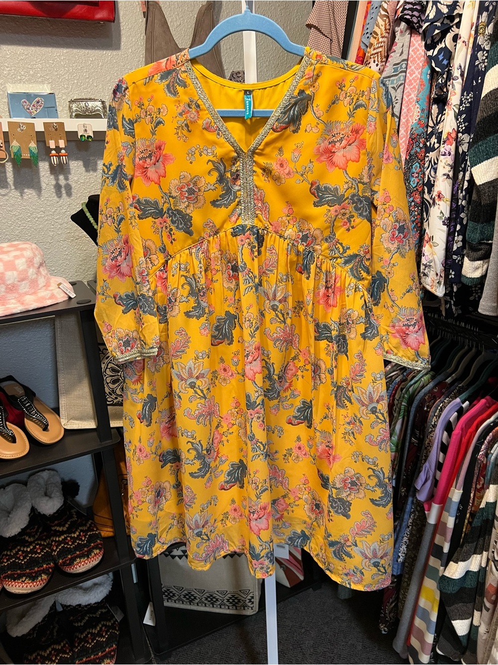Janasya Boho Floral V-Neck Women’s Dress in Mustard Yellow